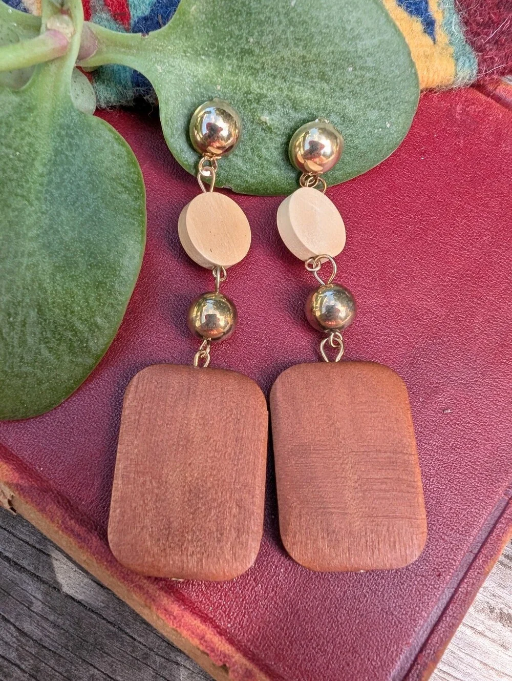 Wood and Gold Drop Earrings - Brown and Gold Chunky Earrings